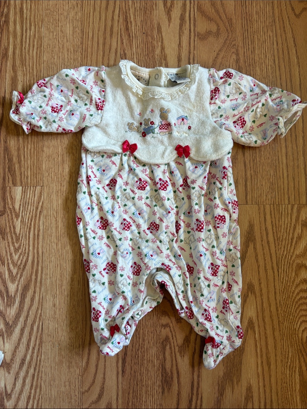 Vintage Cream Patterned Footed One-Piece with Red Accents